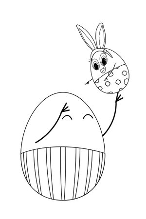 Black and white Easter coloring page featuring two cheerful Easter egg characters, one with bunny ears, playing together.のイラスト素材