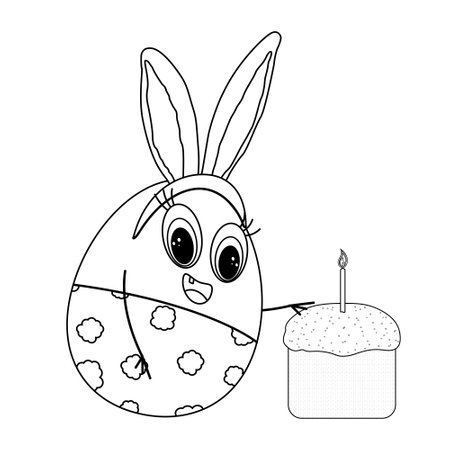 Black and white Easter coloring page featuring a cheerful egg character with bunny ears pointing at a festive cake with a candle.のイラスト素材