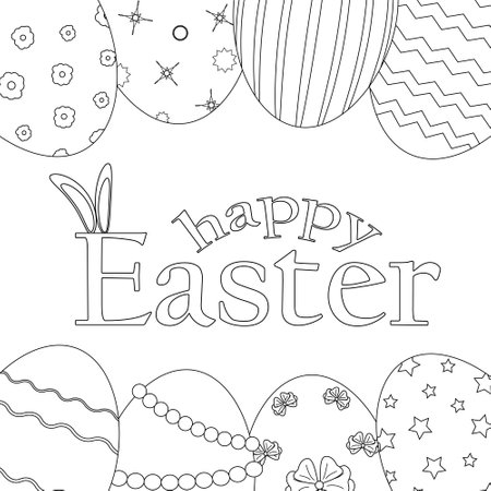 Easter coloring page featuring - Happy Easter - text with bunny ears and decorated eggs. Fun printable for kids, holiday crafts, seasonal activities and greeting card.のイラスト素材