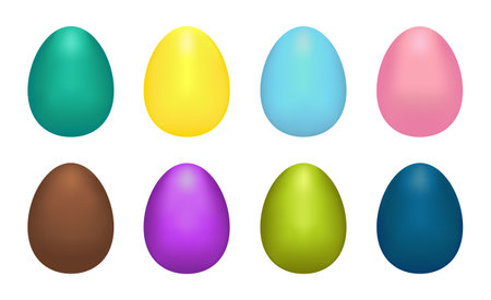 3D clip art set of Easter eggs painted in pastel colors - turquoise, yellow, blue, pink, chocolate brown, purple, green and cyan. Collection on white background.のイラスト素材
