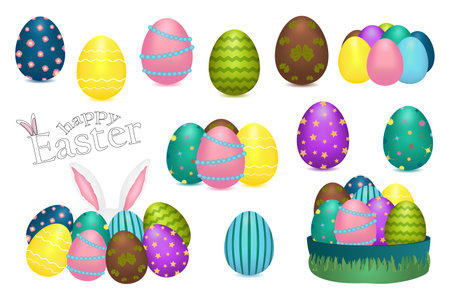 3D set of Easter eggs with pastel colors and various patterns, a pile of eggs with Easter bunny ears sticking out from behind it, and a collection of ornate eggs in an basket with grass underneath.のイラスト素材