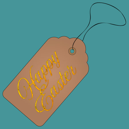 A tag that says Happy Easter in gold letters on a turquoise background. Cartoon and flat style. Vector color drawing. Perfect for holiday greetings and festive designs.のイラスト素材