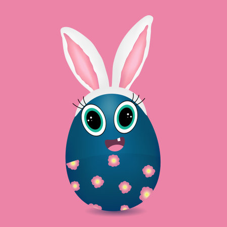 Anthropomorphic 3D character smiling Easter egg child cyan color with turquoise eyes, pink ears, smiling, and with Bunny ears wearing pants decorated with flowers on a pink background. Vector drawing.のイラスト素材