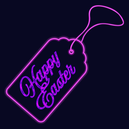 A tag that says Happy Easter, purple neon glow on a dark blue background. Cartoon and flat style. Glowing neon vector artwork. Perfect for holiday greetings and festive designs.のイラスト素材
