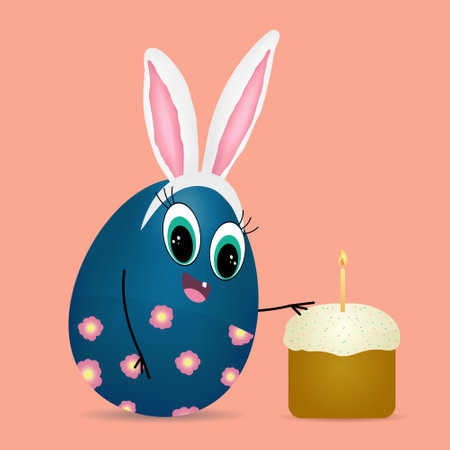 Cute anthropomorphic 3D character Easter Egg smiling with Bunny Ears, and turquoise eyes Celebrating with a Festive Easter cake on peach background. Perfect for holiday greetings and festive designs.のイラスト素材