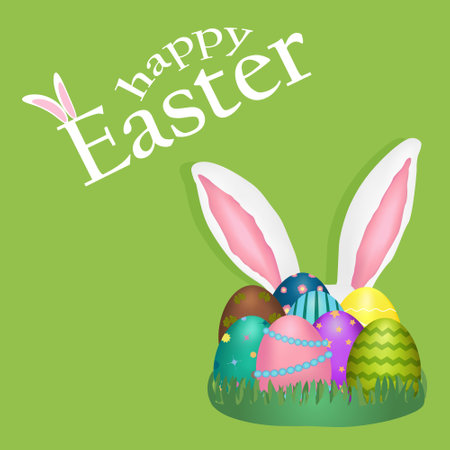 Greeting card with 3D element featuring adorable white Easter bunny ears sticking out from behind decorated Easter eggs placed on the grass, and - Happy Easter - text on a green background.のイラスト素材
