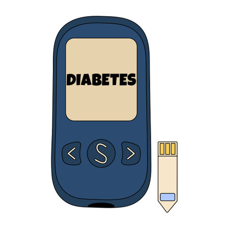 Digital blood glucose meter, or closeup glucometer, with separate test strip and diabetes label,...