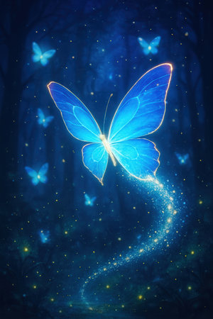 A fairy tale blue glowing butterfly in an enchanted forest. Sparkling particles, glowing butterflies, and fireflies behind it, surrounded by dark forest trees. An enchanted night forest, background.の素材