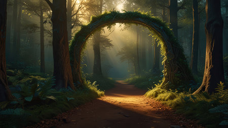 A dreamy forest path with a green arch between the trees, sunlight streaming through the leaves, and a portal leading to a magical world.の素材