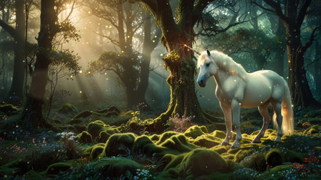 Majestic white unicorn stands in an enchanted forest at sunrise, surrounded by magical rays of light, glowing particles, flowers, and lush green moss. Dreamlike, fantasy scene with mystical atmosphereの素材
