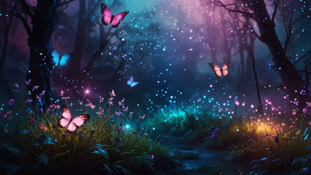 Magical illustration of glowing butterflies flying through an enchanted forest at night with colorful lights and sparkling particles. Abstract backgroundの素材