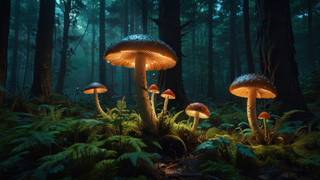 A glowing night forest with giant neon fly agaric mushrooms, mystical ambiance, and vibrant colors, evoking a magical, fairy tale world.の素材