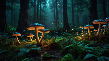 A mystical night forest with giant glowing mushrooms (fly agarics), glowing nature, and neon colors, evoking a magical, enchanted atmosphere.の素材
