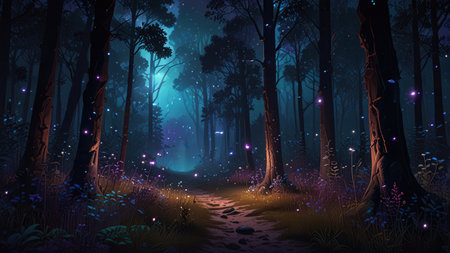 A glowing night forest with neon purple and blue mist, flying fireflies, and a magical atmosphere, perfect for a fairy tale adventure.の素材