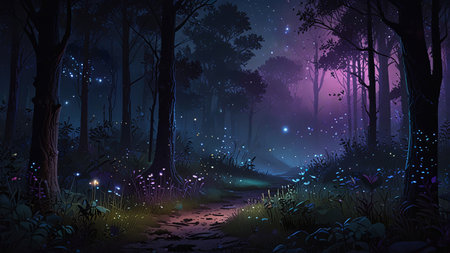A glowing night forest with flying fireflies, purple and blue mist, and neon colors, evoking a fairy tale magical atmosphere.の素材
