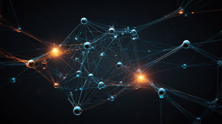 Futuristic Neural Network Visualization with Glowing Connections and Abstract Data Nodes. Abstract background.の素材