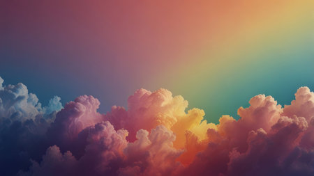 An atmospheric illustration featuring a rainbow falling into large fluffy cumulus clouds at the bottom of the image. The entire scene is in soft pastel tones, including all the colors of the rainbow.の素材