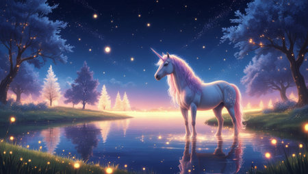 A magical white unicorn with glitter, a pink horn, and pink mane by a glowing lake, set against a starry sky and forest in the distance, creating a fairy tale atmosphere.の素材