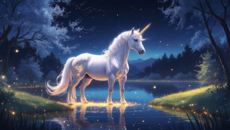 A magical white unicorn with glitter, golden horn, and pink mane by a glowing lake, with a starry sky and a distant forest creating a fairy tale atmosphere.の素材