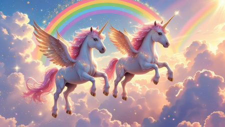 Two elegant flying unicorns with shimmering bodies, golden horns, pink manes, and pastel-colored wings in a mystical cloud-filled sky with a rainbow.の素材
