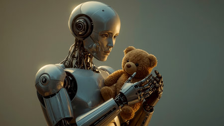 A photorealistic humanoid gently robot cradling a teddy bear, representing a blend of emotion, care, and technology in a futuristic setting.の素材