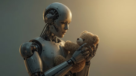 A photorealistic humanoid robot holding a teddy bear, showcasing care, empathy, and the emotional capabilities of technology in a futuristic world.の素材