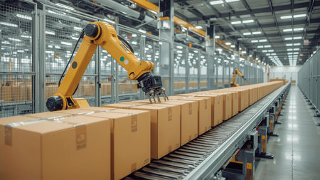 Robotic arm sorting packages on conveyor in modern warehouse, concept of AI logistics automation. High tech concept.の素材