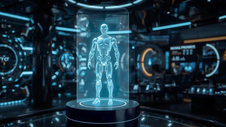 A 3D holographic projection of a robot in a high-tech setting, glowing in blue light with advanced mechanical features and sleek digital interfaces around it.の素材