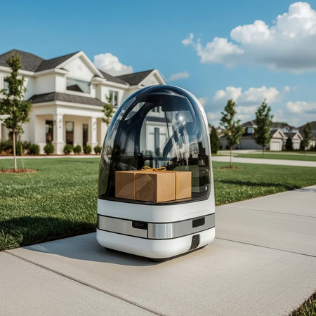 A futuristic small delivery robot with a box moves along the sidewalk in a residential American neighborhood. Serene and modern atmosphere, depicting a futuristic delivery concept.の素材