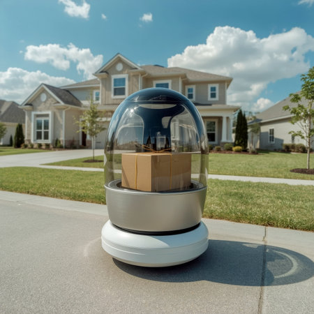 A small robot delivery vehicle with a box on the sidewalk, passing by residential homes and nature on a bright, sunny day. Clean, modern setting and futuristic service, with no people in the scene.の素材