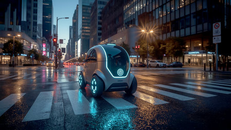 A futuristic delivery robot crossing an illuminated pedestrian crossing in a modern city at dusk. Wet pavement and glowing city lights create a photorealistic urban atmosphere with no people.の素材