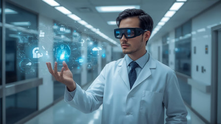 High tech medical concept: artificial intelligence in healthcare - doctor reviewing patient data through holographic interface with AR techの素材