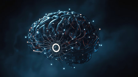 A high-detail illustration of a cybernetic brain linked to a digital network with neon wires and circuits glowing against a dark sci-fi background.の素材