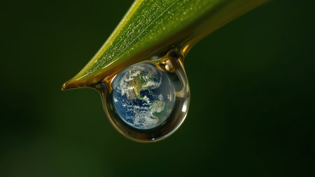 An exquisite macro photograph of a glistening water droplet hanging from a vibrant green leaf, reflecting a miniature image of planet Earth with stunning detail against a dark green blur.の素材