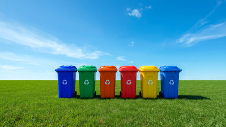 A photorealistic scene with neatly placed recycling bins for paper, plastic, and glass on vibrant green grass, under a cerulean sky with soft clouds, reflecting eco-conscious design and order.の素材