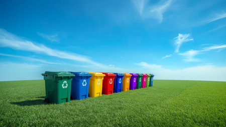 A high dynamic range, or HDR, image of vibrant recycling bins for glass, paper, and plastic on an open field of green grass beneath a serene, emphasizing environmental responsibility.の素材