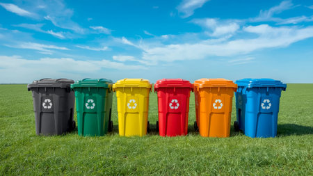 An HDR photograph showing organized recycling bins for paper, plastic, and glass placed on lush grass, under a vivid sky with light clouds, symbolizing eco awareness and harmony with nature.の素材