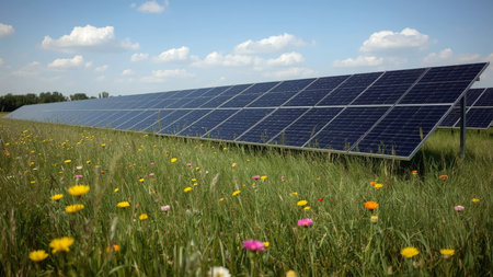 Solar panels in blooming wildflower field under blue sky, concept of green energy and sustainability. Clean energy and eco living concept with photovoltaic batteries.の素材