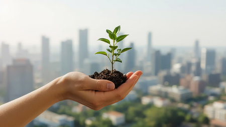 Close-up of hand holding green plant with soil against blurred urban background, symbol of eco lifestyle and sustainability. Clean energy and eco living concept.の素材