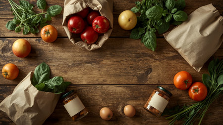 A warm top-down photograph of apples, spinach, and tomatoes arranged in kraft paper bags and glass jars with vintage labels on a rustic wooden kitchen surface, capturing eco-friendly simplicity.の素材