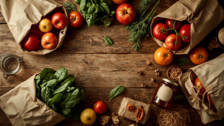 A carefully arranged still life featuring organic fruits and leafy greens in sustainable packaging on a sunlit wooden kitchen counter, evoking simplicity, eco consciousness, and rustic charm.の素材