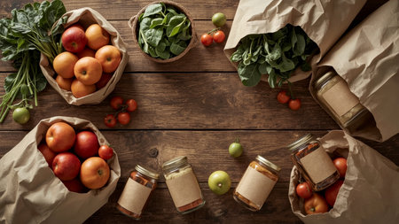 An overhead composition of apples, leafy greens, and tomatoes in kraft paper and glass containers on a rustic wooden table, captured in warm daylight, reflecting sustainable and grounded living.の素材