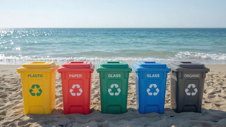 A detailed photorealistic beach scene showing organized recycling bins for plastic, glass, paper, and organic waste, with soft waves and sunny skies, evoking environmental responsibility.の素材