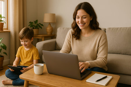 Happy mother working remotely on laptop in cozy living room, coffee and notebook on table, child playing with tablet nearby, home office and family life balanceの素材