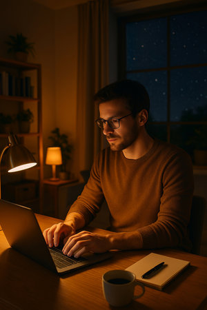 Focused man working on laptop at night in cozy home office, warm lamp light, starry sky outside window, freelance concept, remote work lifestyle, night productivityの素材