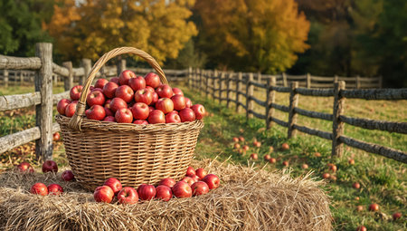 Wicker basket full of ripe red apples on haystack in rustic countryside orchard. Natural seasonal fruit harvest. Organic healthy food. Autumn farming concept. Fresh apples in outdoor rural setting.の素材