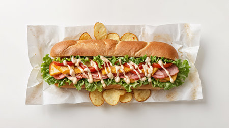Fresh submarine sandwich with ham, cheese, lettuce, tomato, and mayonnaise on parchment paper, surrounded by crispy potato chips. Fast food snack, tasty lunch meal, delicious classic sandwich concept.の素材