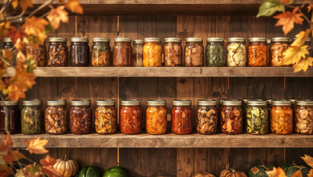 Rustic pantry shelves with glass jars of homemade preserved vegetables, pickles, jams. Autumn harvest storage. Traditional organic food for winter. Farmhouse kitchen background with cozy decoration.の素材