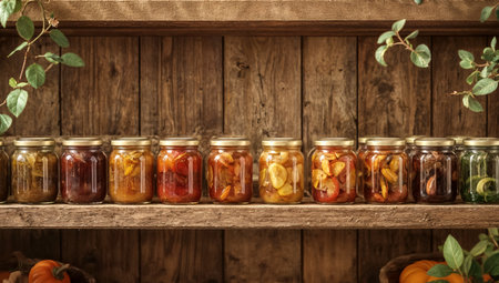 Rustic wooden pantry shelf with assorted glass jars of homemade preserves, jams, pickled vegetables, fruits. Autumn harvest storage. Natural organic healthy food supply for countryside decoration.の素材