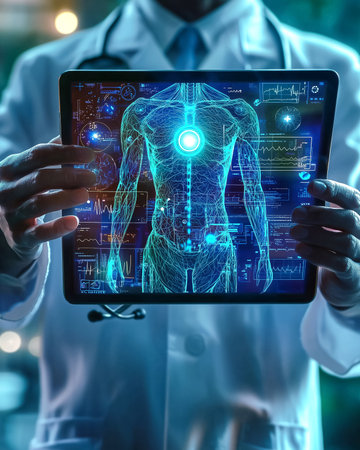 Doctor holding futuristic digital tablet with holographic human body interface. Concept of medical technology, innovation in healthcare, artificial intelligence, and virtual diagnostics.の素材